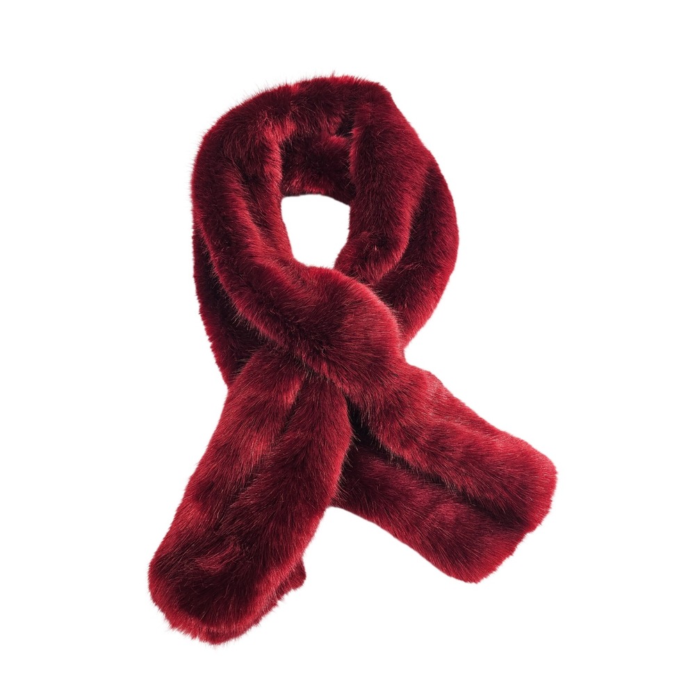 White House Black Market Faux Fur Scarf Women O/S Red Satin Lined Keyhole Wrap